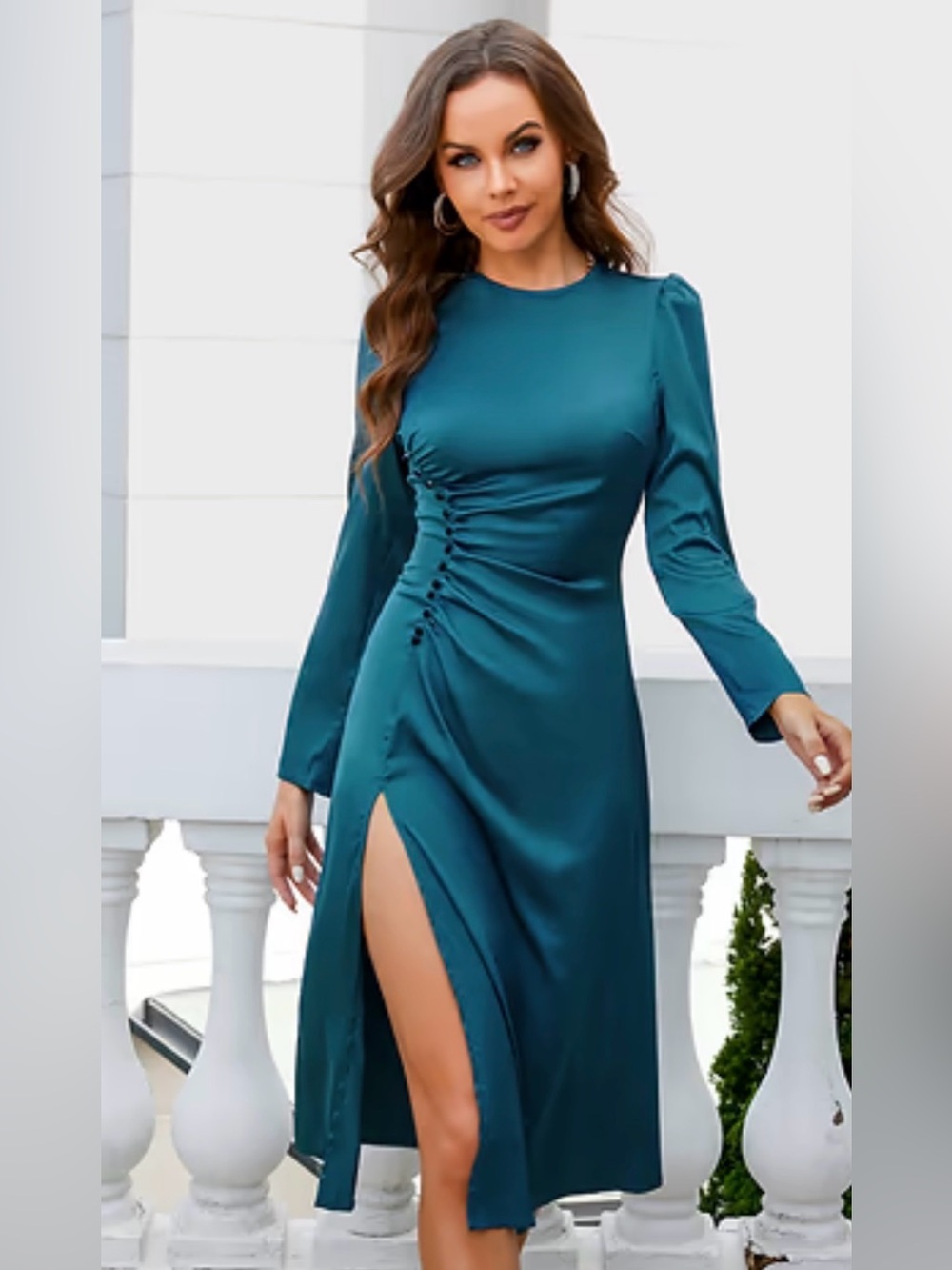 Elegant Ruched Long Gigot Sleeve Midi Dress Sz Small‎ NWT!